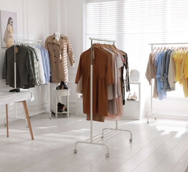 showroom with clothing on racks