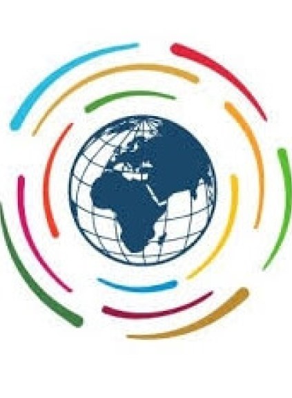 world map logo, swirled in multicolored lines