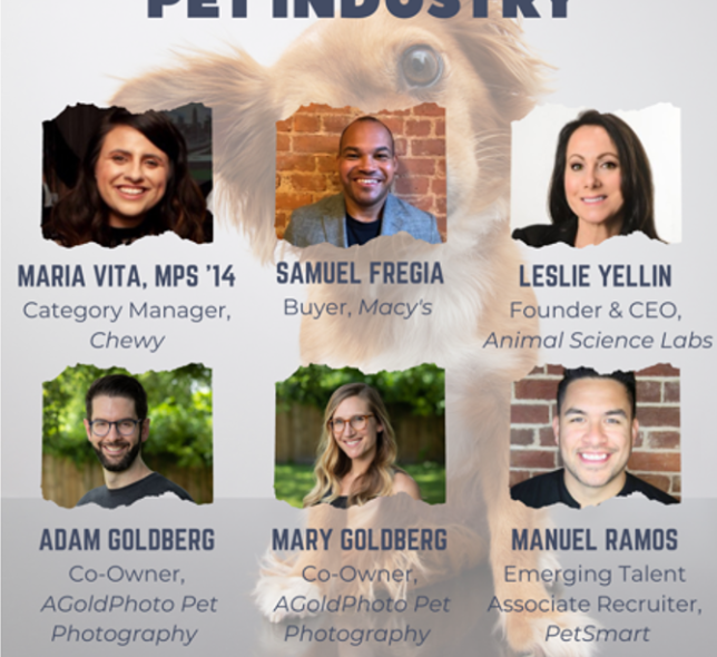 Careers in the pet industry event flyer, six speakers' headshots