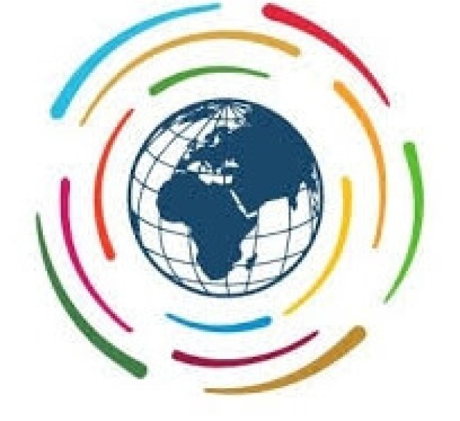 world map logo, swirled in multicolored lines