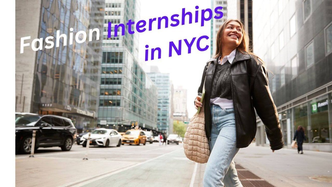 Woman crossing sixth avenue, leather jacket and light-blue jeans. "Fashion Internships in NYC" is written on image.