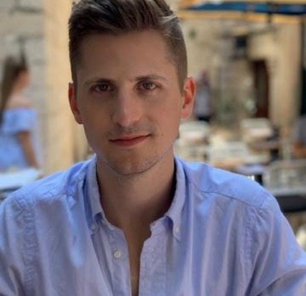 Man in blue shirt